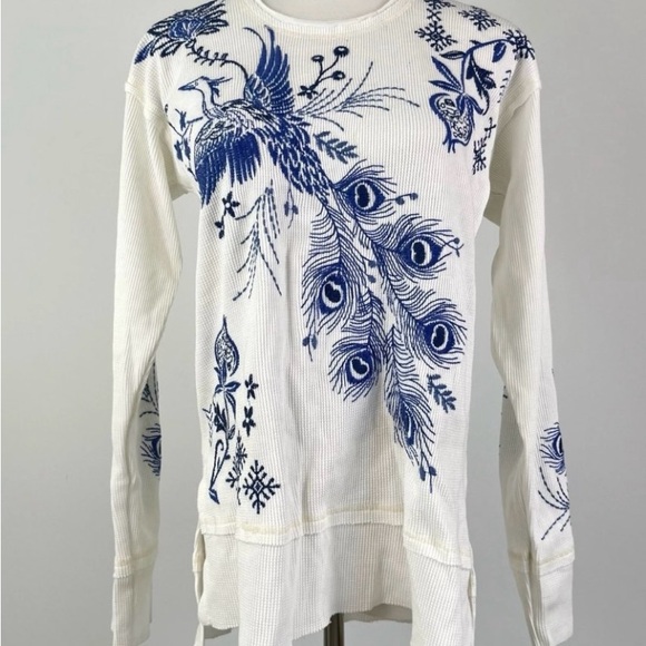 Johnny Was Tops - Johnny Was Cream and Blue Peacock Embroidered Shirt NEW WITH TAGS L/S Size small